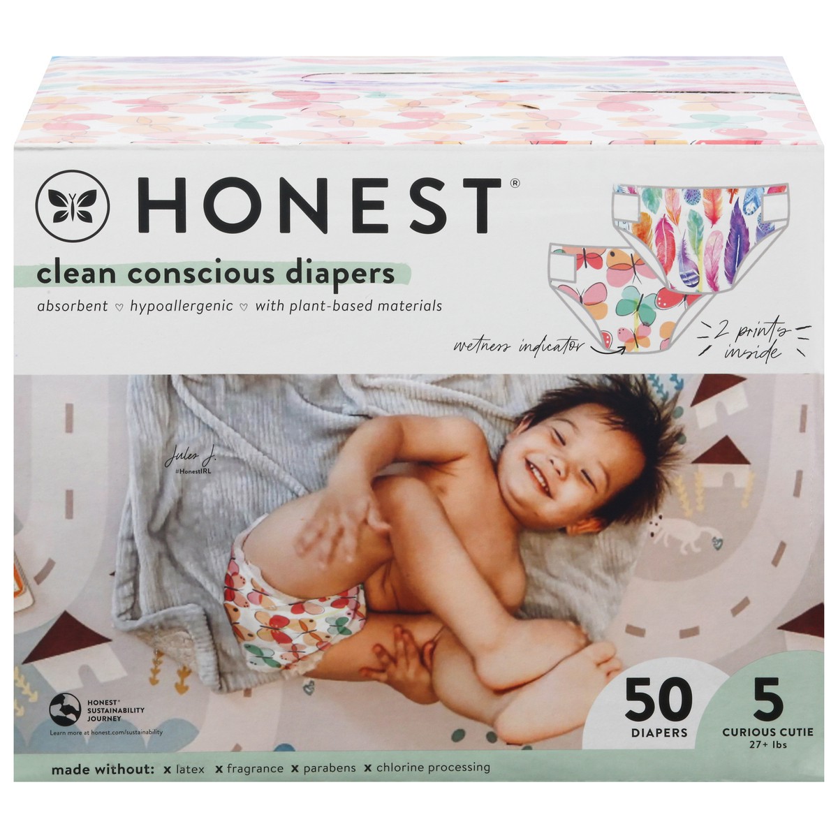 slide 1 of 1, Honest Curious Cutie Wingin It/Painted Feathers Diapers 5 (27+ lbs) 50 ea, 50 ct