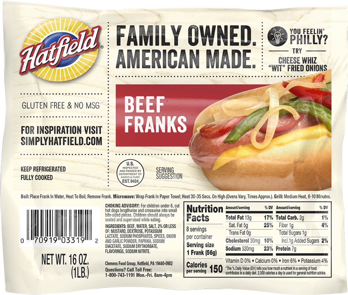 slide 2 of 2, Hatfield Beef Franks 16 oz, 16 oz