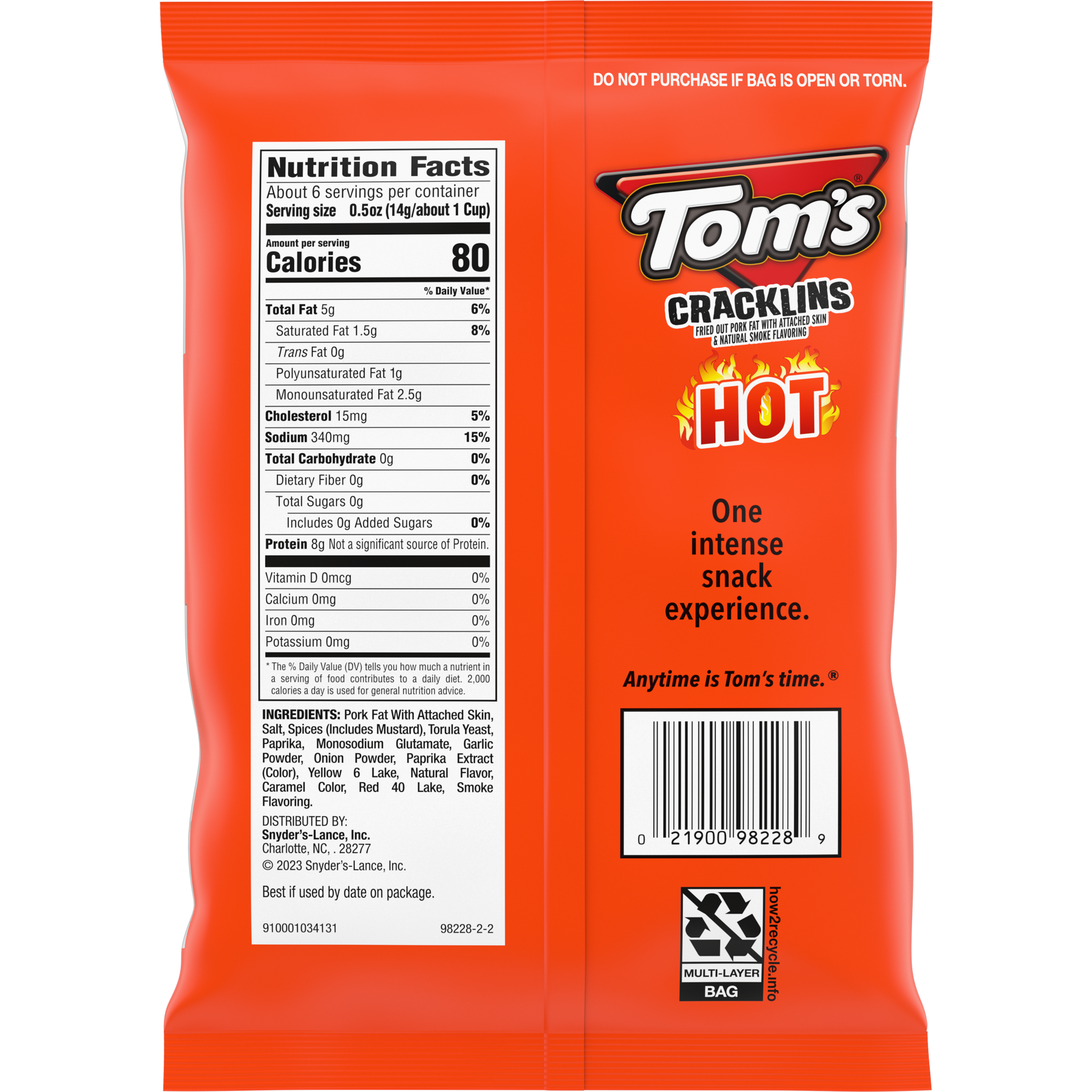 slide 5 of 5, Tom's Cracklins, Hot, 3 Oz Snack Bag, 3 oz