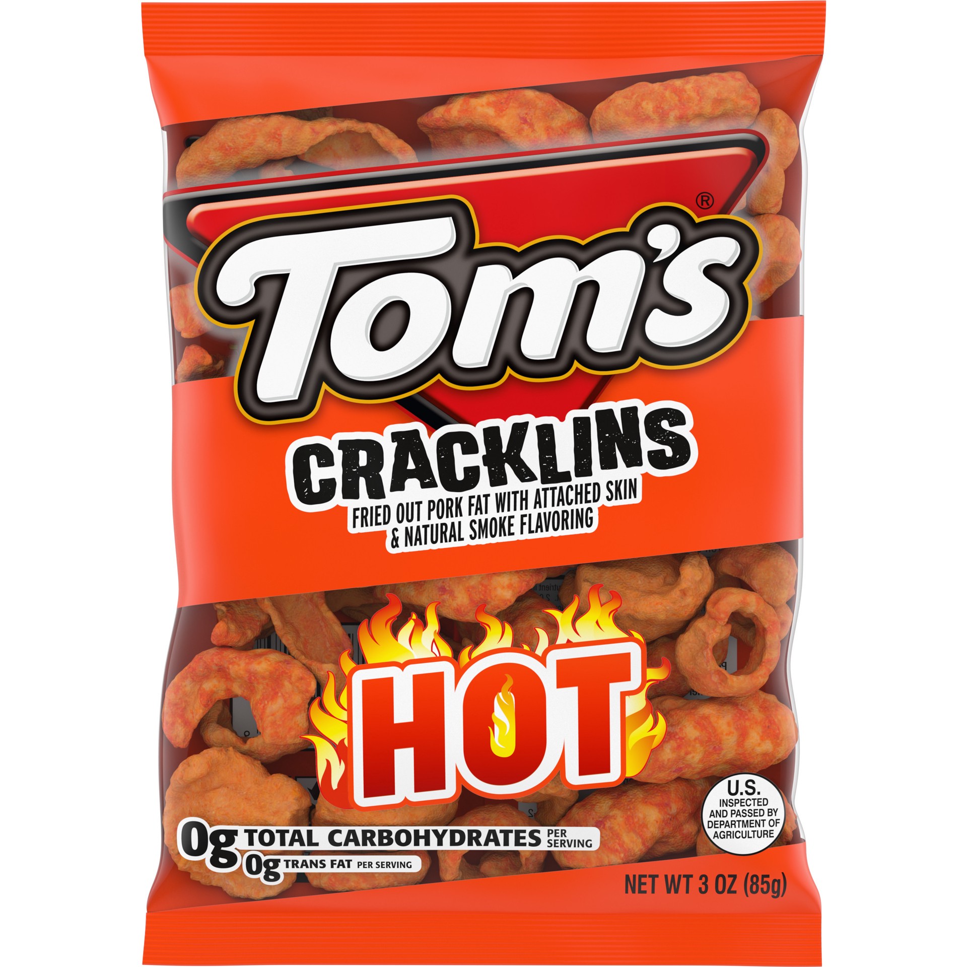 slide 1 of 5, Tom's Cracklins, Hot, 3 Oz Snack Bag, 3 oz