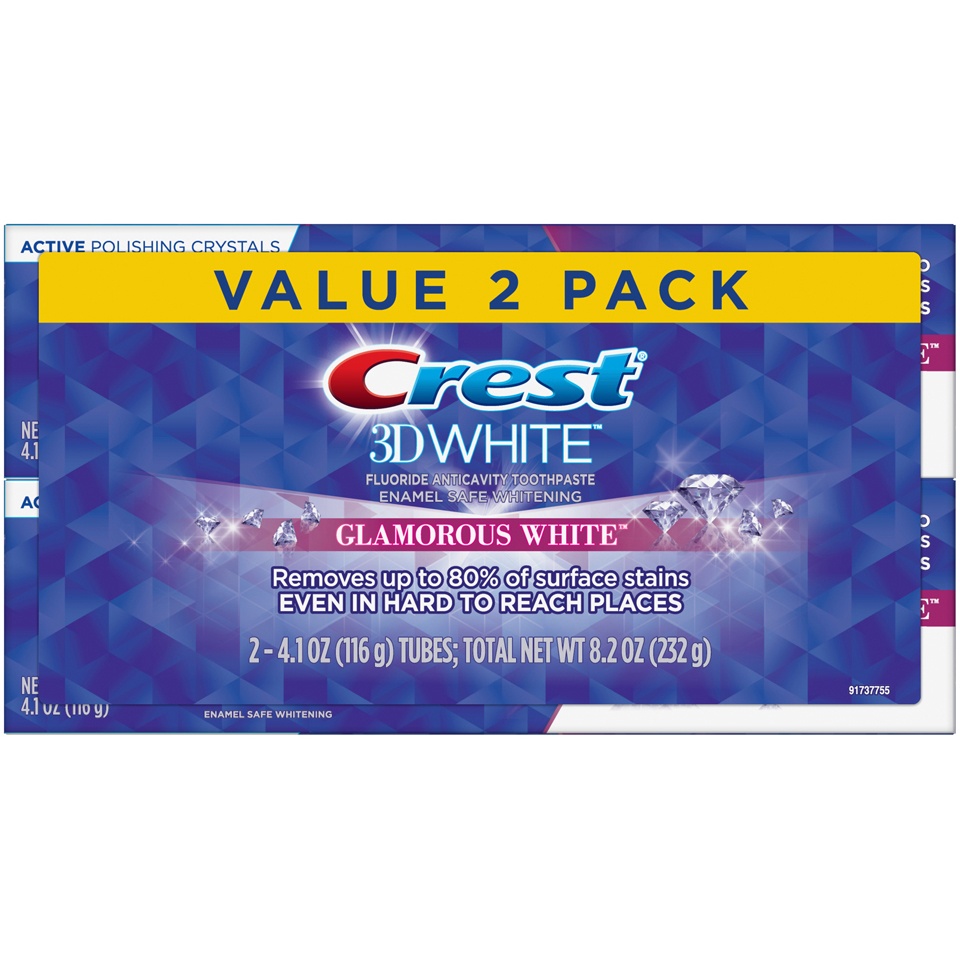 slide 1 of 1, Crest 3D White Toothpaste, Glamorous White, 2-4.1 Oz Tubes, 8.2 oz