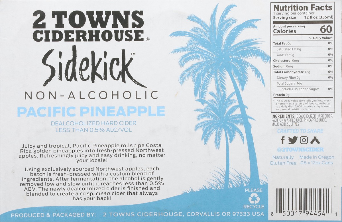 slide 2 of 13, 2 Towns Ciderhouse Sidekick Non-Alcoholic Pacific Pineapple Hard Cider 6 - 12 oz Cans, 6 ct; 12 oz