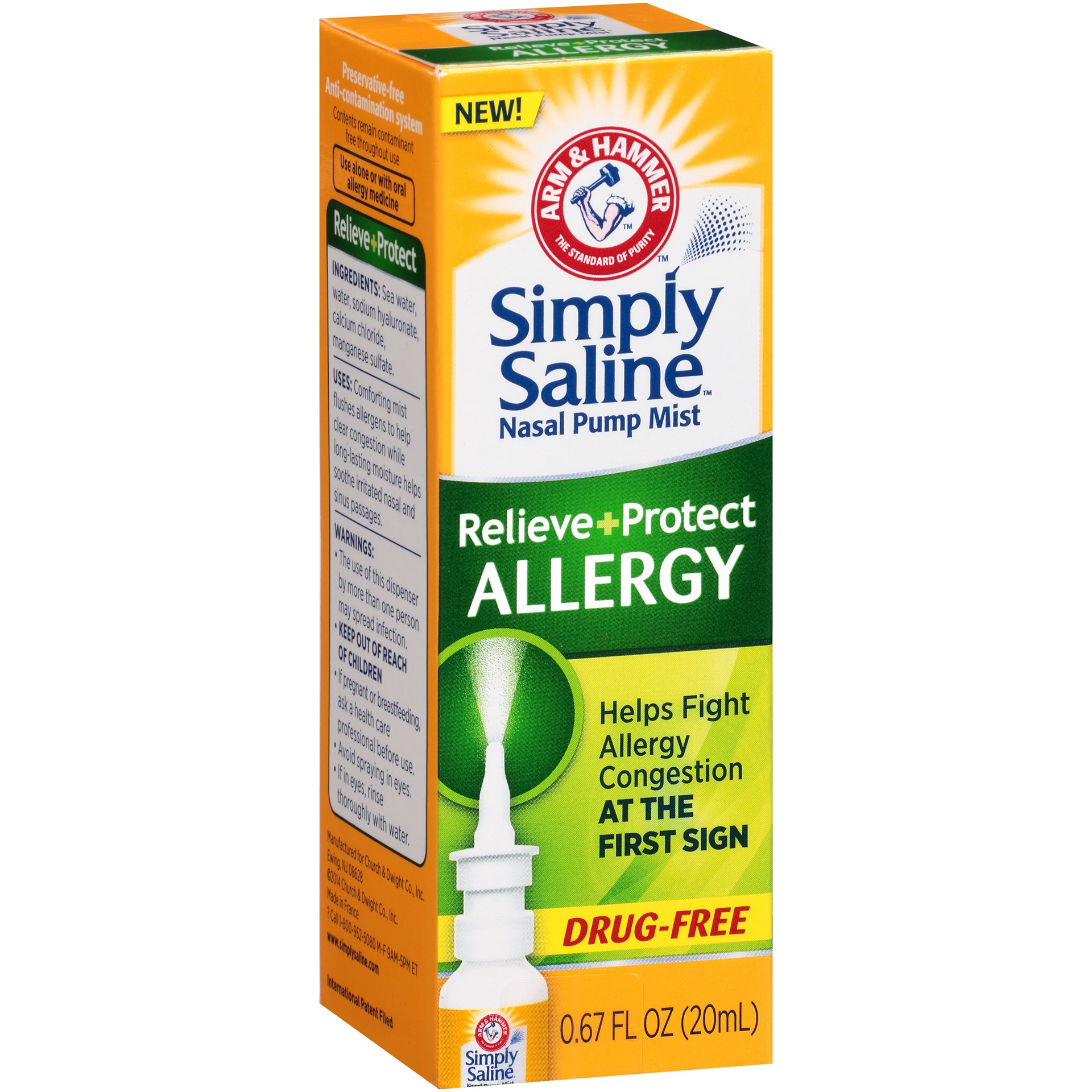 slide 4 of 4, ARM & HAMMER Simply Saline Relieve + Protect Nasal Mist- Allergy, 0.67 FL OZ, 0.67 oz