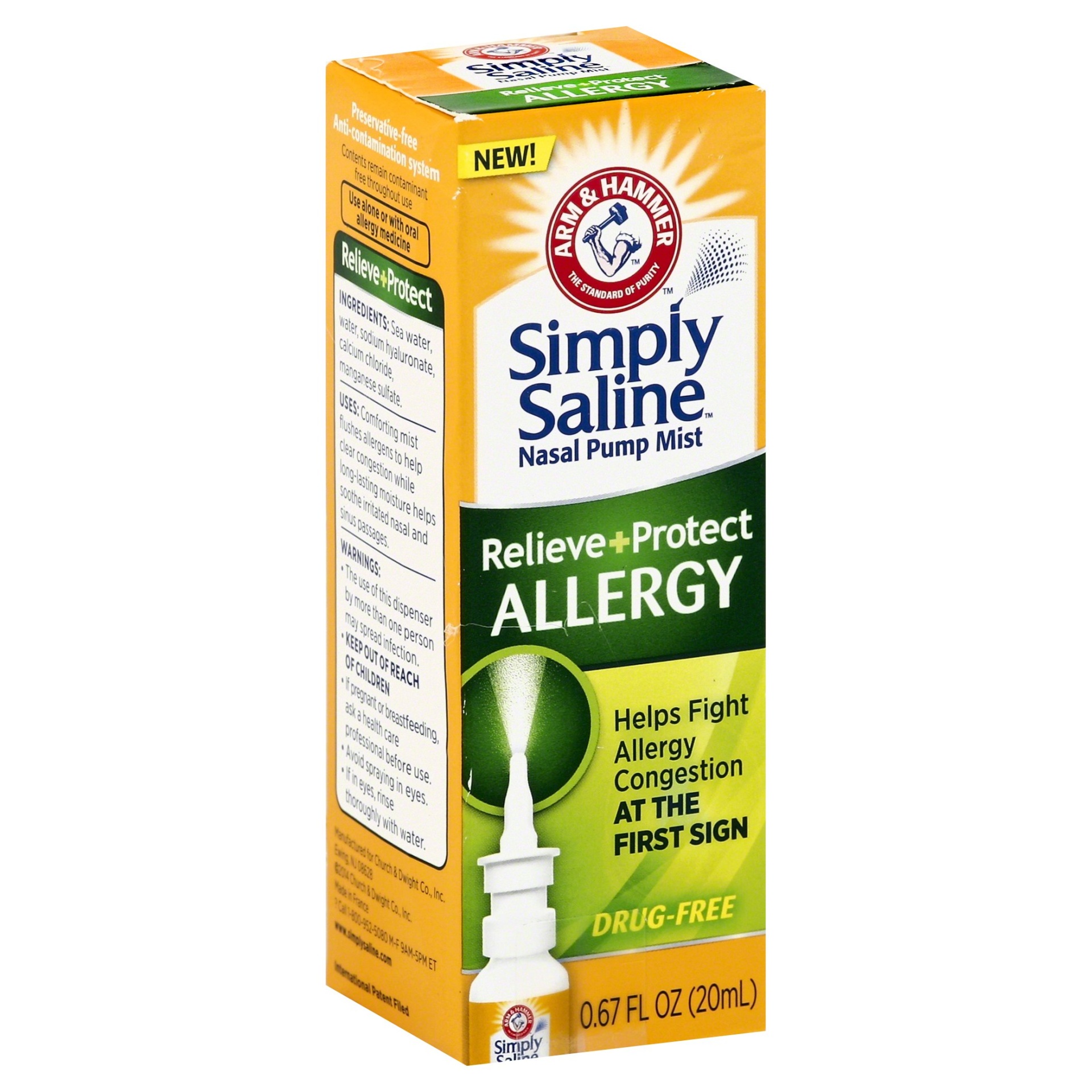 ARM & HAMMER Simply Saline Nasal Pump Mist Relieve+Protect Allergy 0.67