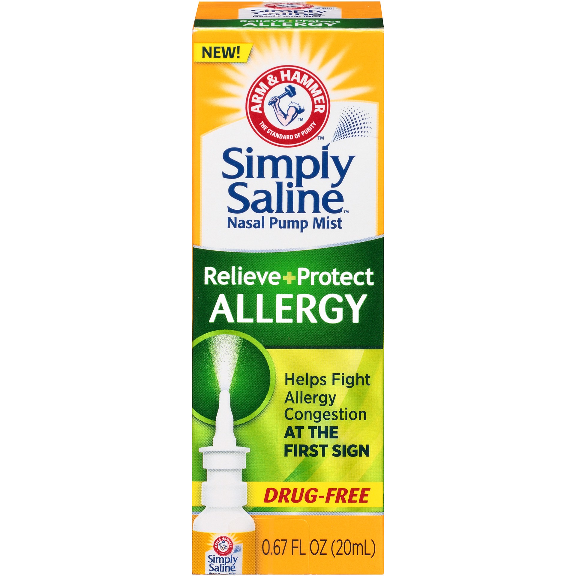 slide 1 of 4, ARM & HAMMER Simply Saline Relieve + Protect Nasal Mist- Allergy, 0.67 FL OZ, 0.67 oz