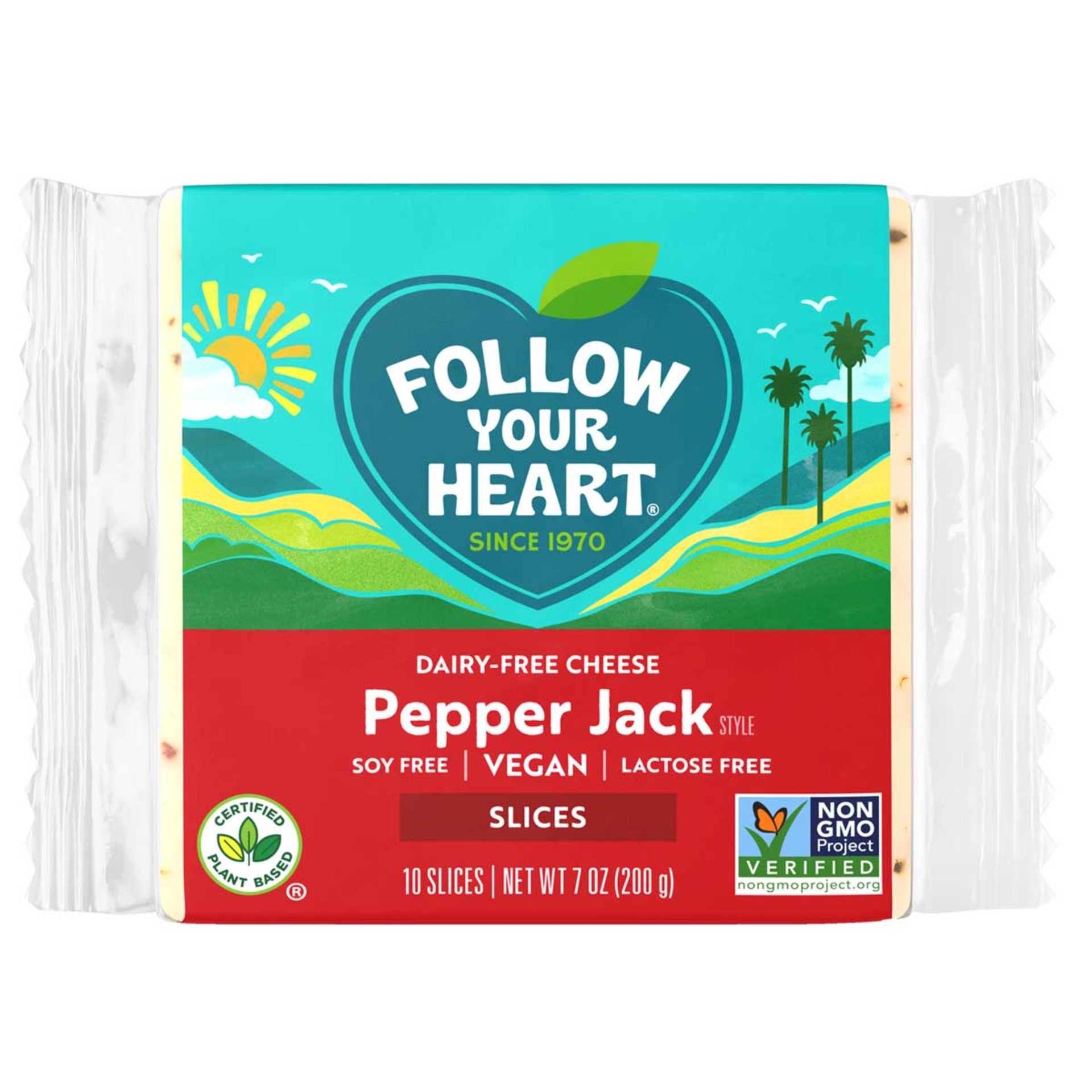 slide 1 of 1, Follow Your Heart Dairy Free Cheese, Pepper Jack Style Slices, Non-GMO, Lactose and Gluten Free, Vegan, Plant Based Cheese that's Great on Sandwiches or Beautifully Melty for Nachos, 10 Ct, 7 OZ Pack, 10 ct