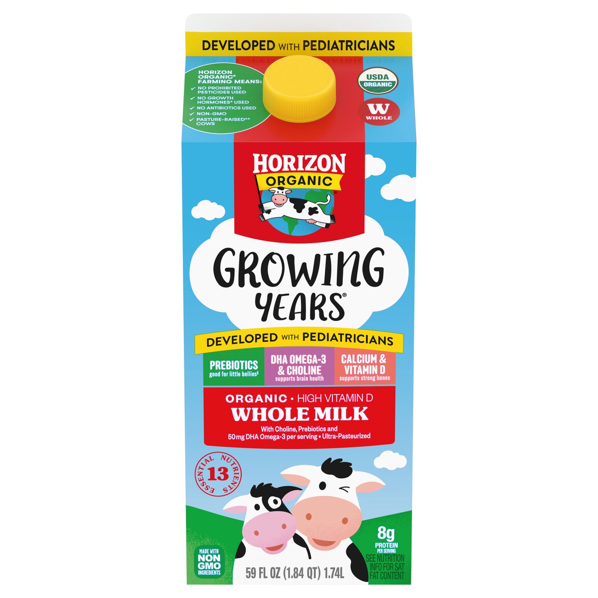 slide 1 of 1, Horizon Organic Growing Years Milk with DHA Omega-3, Choline, and Prebiotics, 59 fl oz Carton?, 59 fl oz