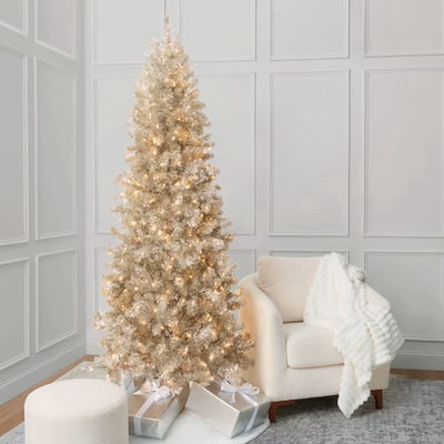 slide 1 of 6, 7ft. Pre-Lit Champagne Tinsel Artificial Christmas Tree, Warm White Led Lights By Ashland, 7 ft