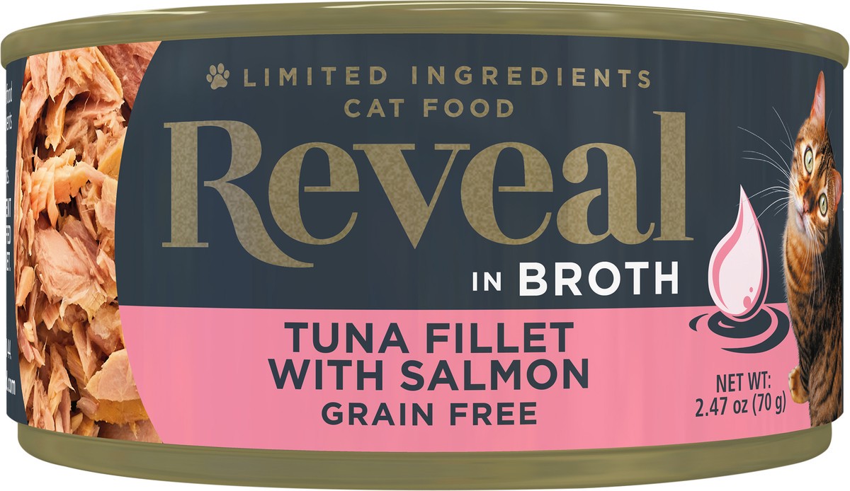 slide 4 of 5, Reveal Natural Wet Cat Food, Tuna Fillet with Salmon in Broth, 2.47 oz Can, 2.47 oz