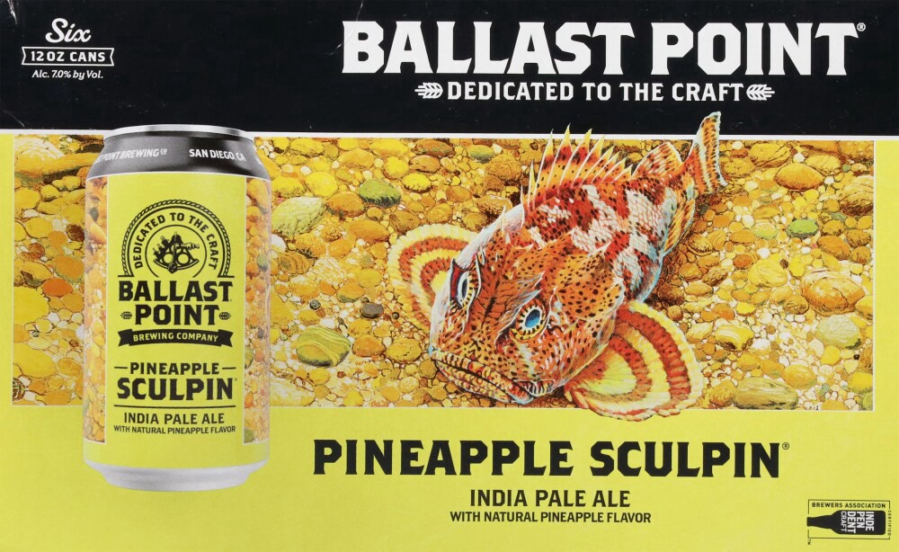 slide 2 of 6, Ballast Point India Pale Ale Pineapple Sculpin Beer 6 - 12 oz Cans, 6 ct