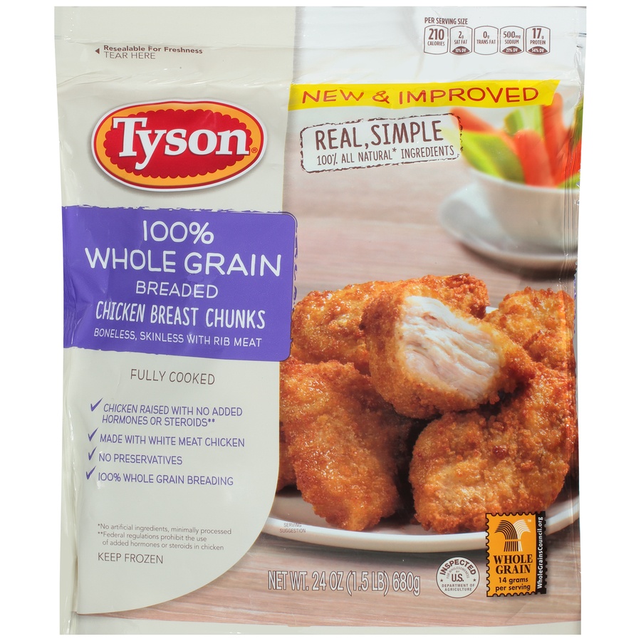 slide 1 of 6, Tyson 100% Whole Grain Breaded Chicken Breast Chunks, 24 oz