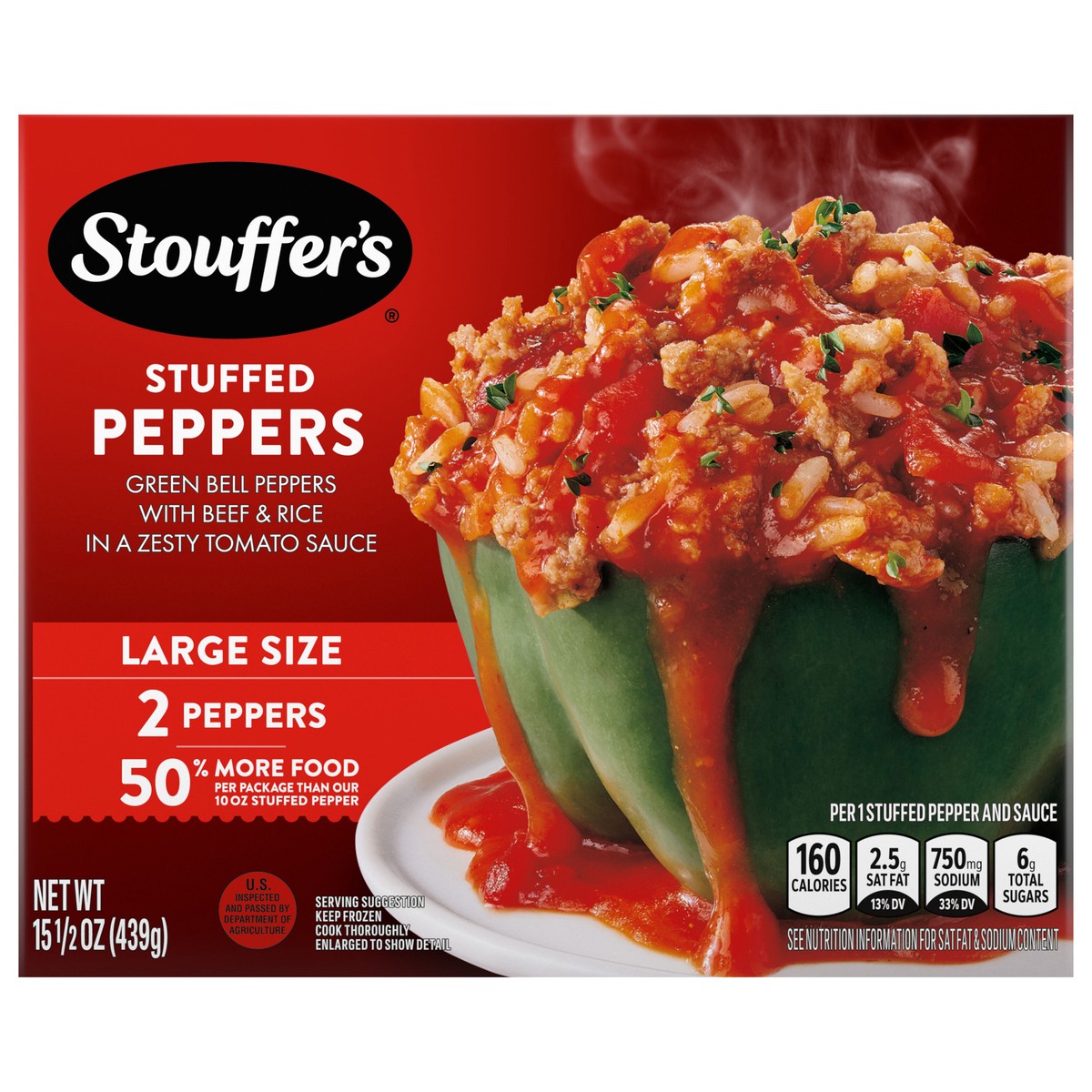 slide 1 of 13, Stouffer's Stouffer''s Stuffed Peppers, Large Size, Frozen Stuffed Peppers, Easy Single Frozen Meals, 15.5 oz