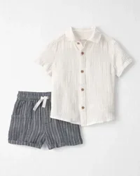 Toddler Boy 2-Piece Organic Cotton Gauze Top & Short Set, Sweet Cream, Navy Stripes, 4T
