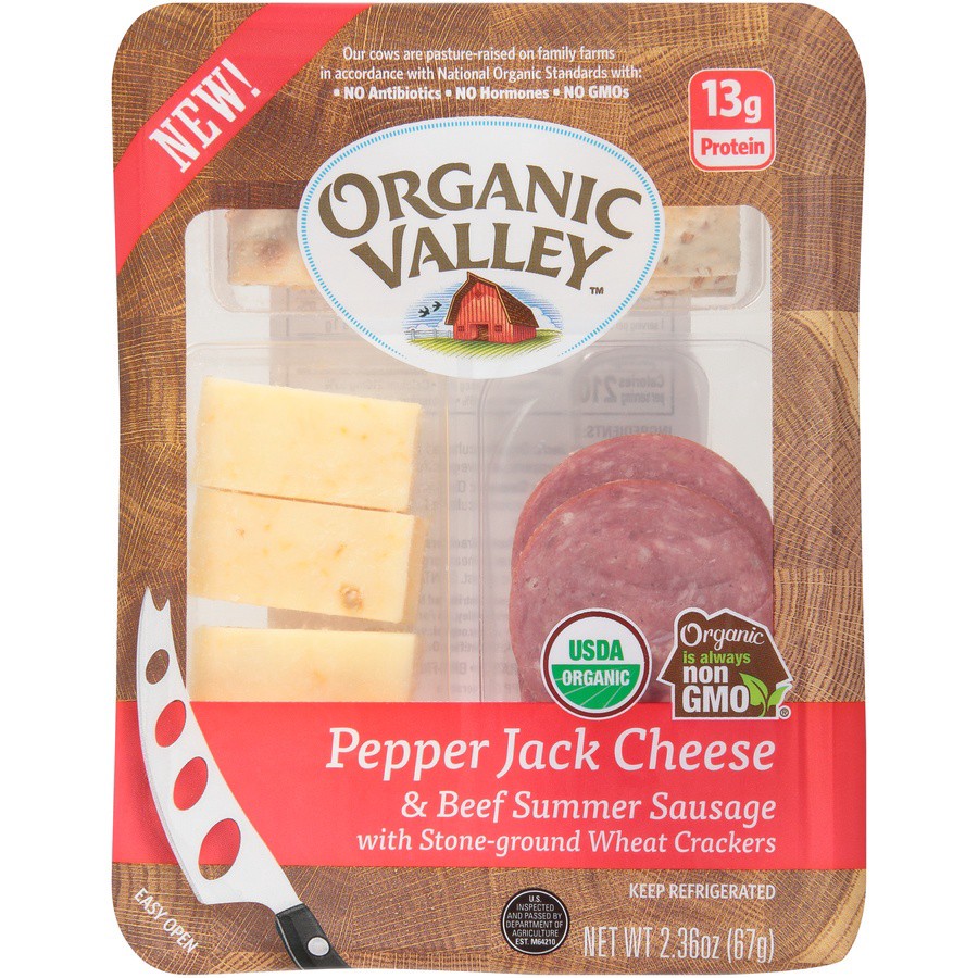 slide 1 of 6, Organic Valley Pepper Jack Cheese & Beef Summer Sausage With Stone-Ground Wheat Crackers, 2.36 oz