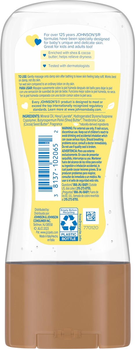 slide 7 of 12, Johnson's Oil Gel, Moisturizing Baby Massage Mineral Oil Enriched with Shea & Cocoa Butter, Dry Skin Relief for Babies, Kids & Adults, Nourishing & Gentle on Delicate Skin, 6.5 fl. oz, 6.50 fl oz