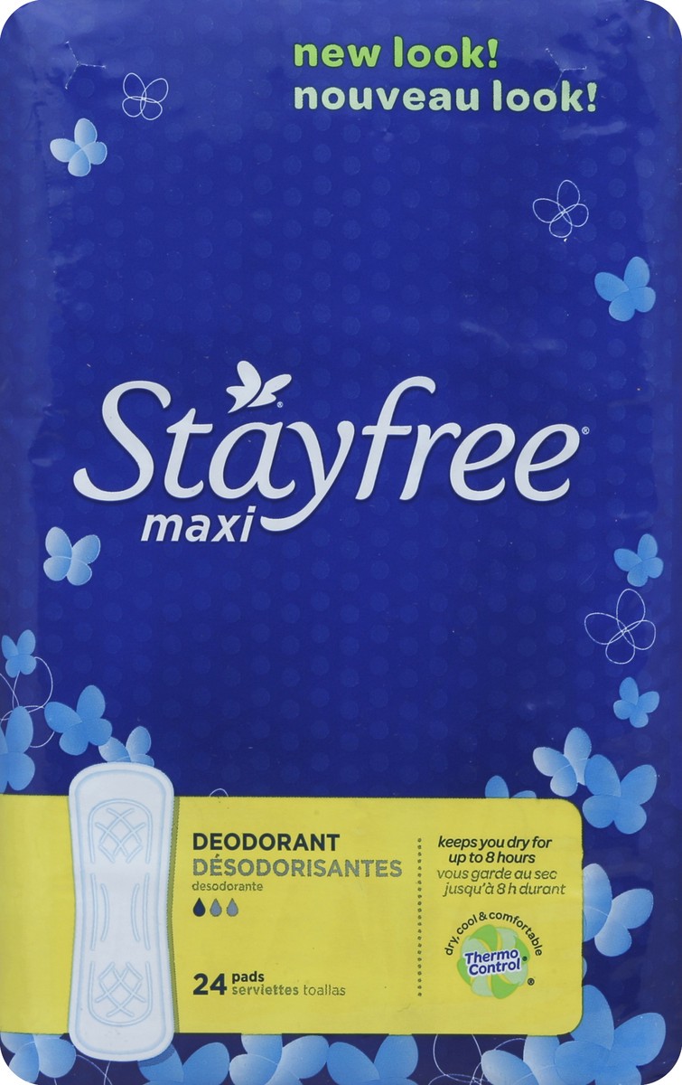 slide 6 of 6, Stayfree Maxi Regular Pads For Women, Wingless, Reliable Protection and Absorbency of Feminine Periods, Scented, 24 count, 24 ct