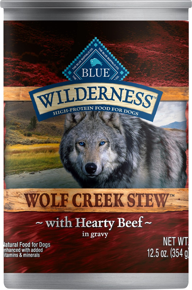 slide 1 of 5, Blue Buffalo Wilderness Wolf Creek Stew High Protein, Natural Wet Dog Food, Hearty Beef Stew in Gravy 12.5-oz Can, 12.5 oz