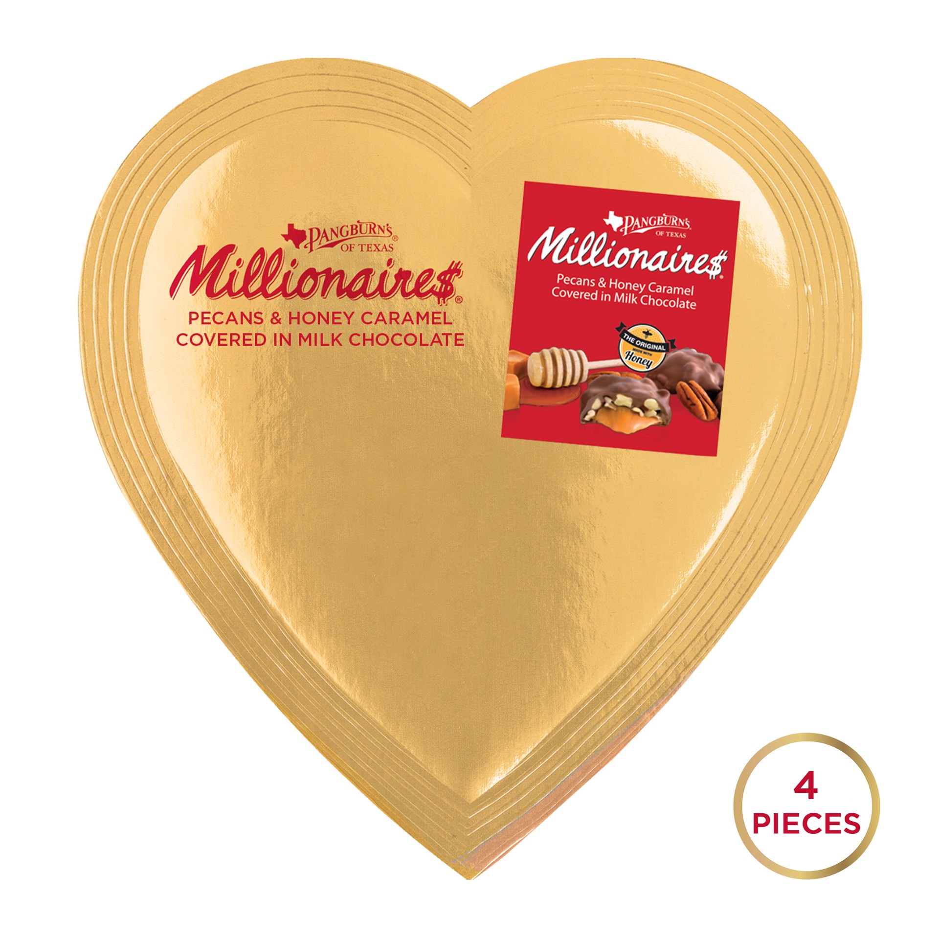 slide 1 of 3, PANGBURN'S OF TEXAS Milk Chocolate Millionaires Valentine's Day Heart Gift Box, 3.25 oz. (˜ 4  pieces), 3.25 oz