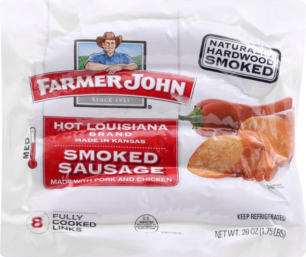 slide 1 of 1, Farmer John Hot Louisiana Smoked Sausage, 28 oz