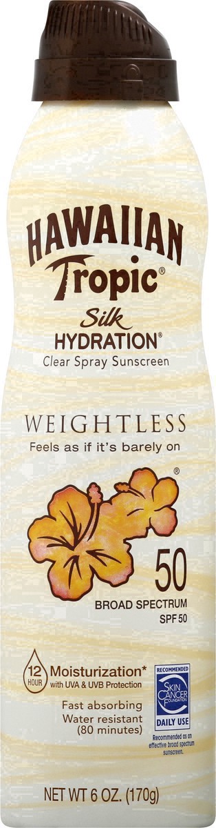 slide 15 of 42, Hawaiian Tropic Silk Hydration Clear Spray Weightless Broad Spectrum SPF 50 Sunscreen 6 oz, 6 oz