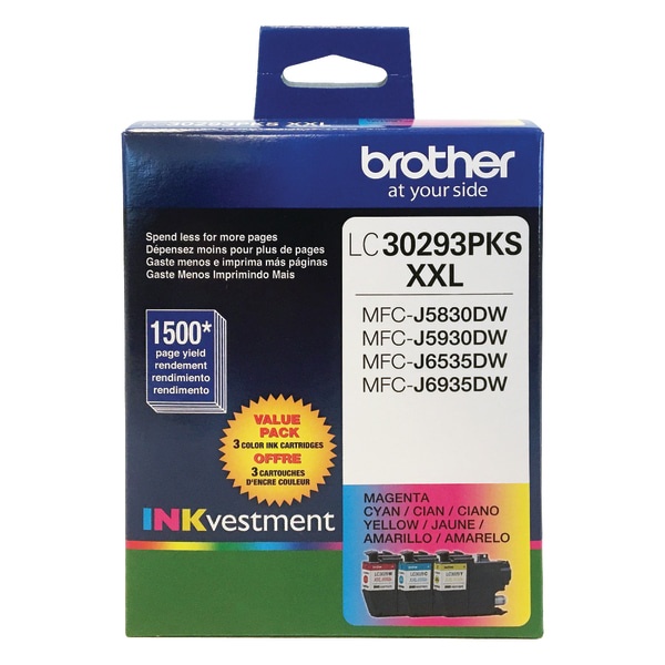 slide 1 of 1, Brother Inkvestment Lc30293Pks High-Yield Cyan/Magenta/Yellow Ink Cartridges, Pack Of 3, 3 ct
