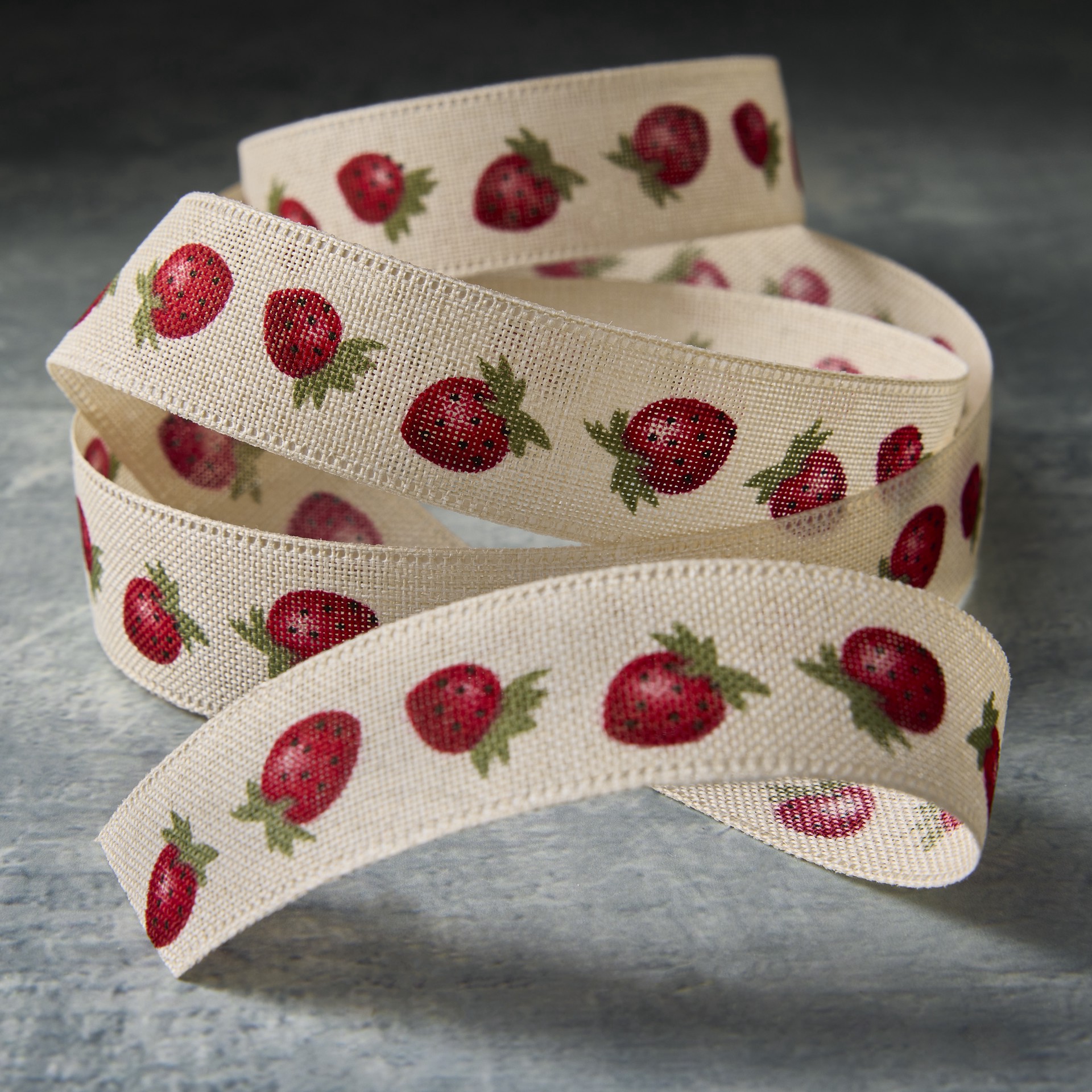 slide 2 of 2, 7/8" X 5yd. Faux Linen Red Strawberry Ribbon By Celebrate It Classic, 7/8 in x 5 yd