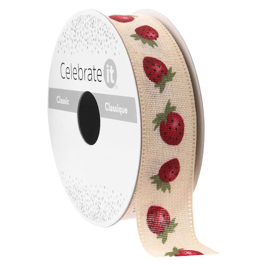 slide 1 of 2, 7/8" X 5yd. Faux Linen Red Strawberry Ribbon By Celebrate It Classic, 7/8 in x 5 yd