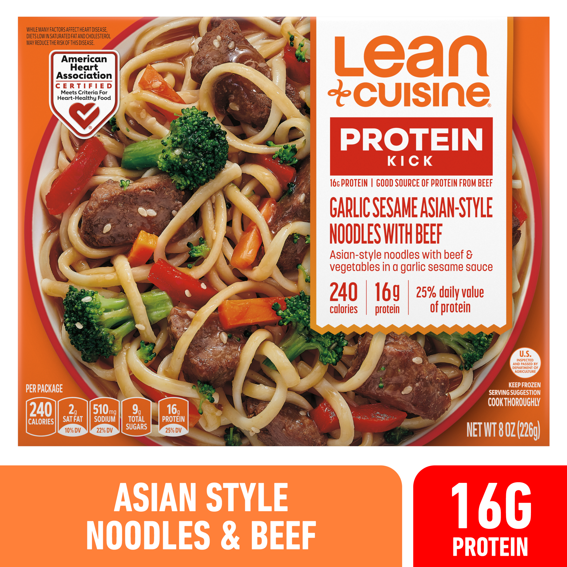 slide 1 of 9, Lean Cuisine Frozen Meal Garlic Sesame Asian-Style Noodles with Beef, Protein Kick Microwave Meal, Microwave Beef and Noodles Dinner, Frozen Dinner for One, 8 oz