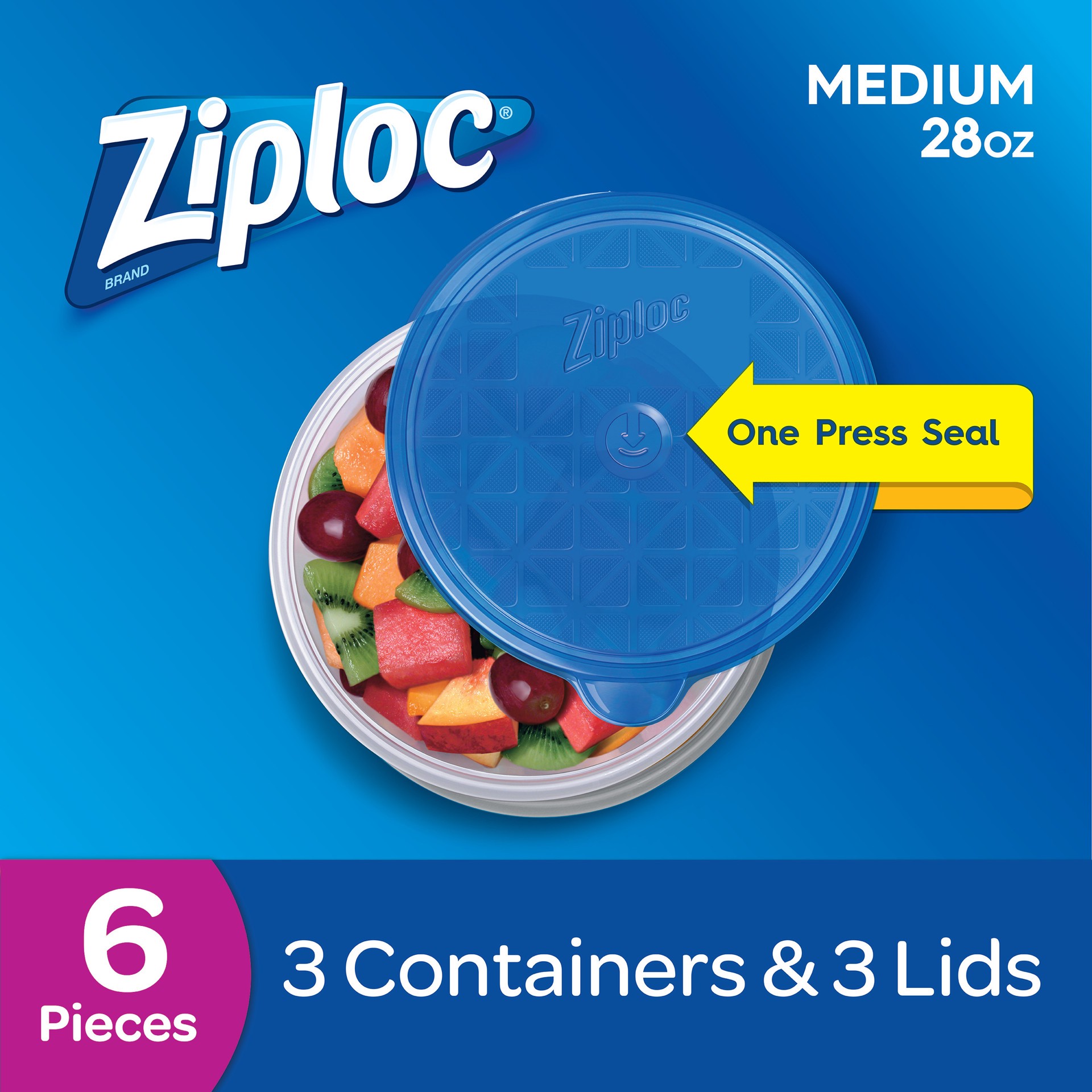slide 4 of 5, Ziploc Brand, Food Storage Containers with Lids, One Press Seal, Medium Round, 3 ct, 3 ct