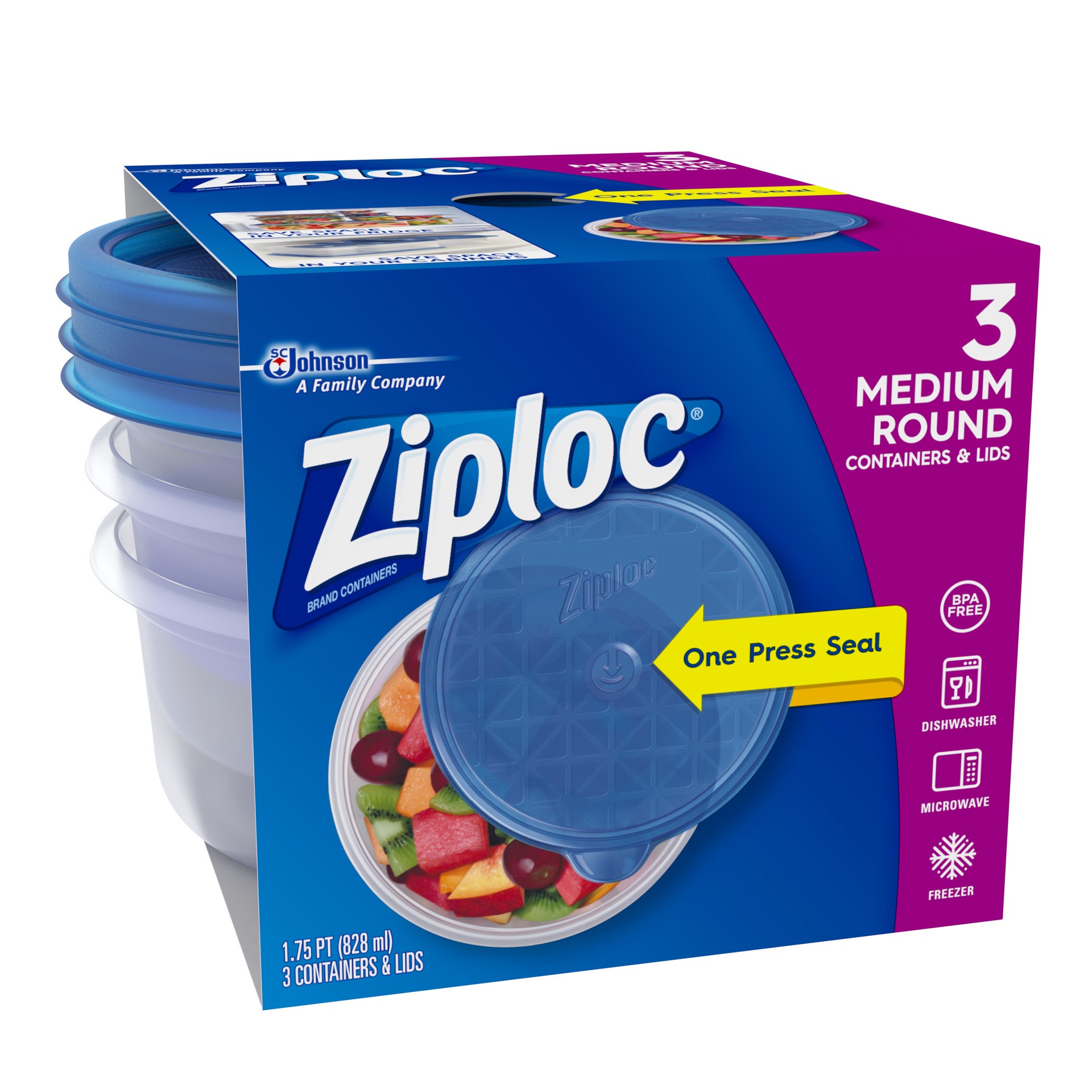 slide 2 of 5, Ziploc Brand, Food Storage Containers with Lids, One Press Seal, Medium Round, 3 ct, 3 ct