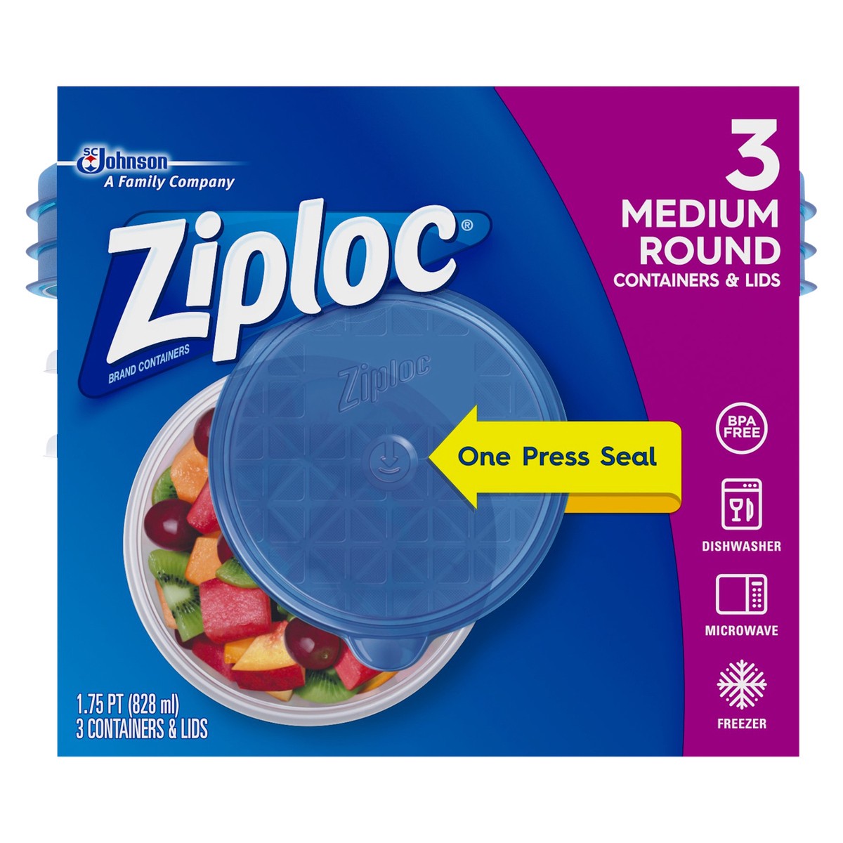 slide 1 of 5, Ziploc Brand, Food Storage Containers with Lids, One Press Seal, Medium Round, 3 ct, 3 ct