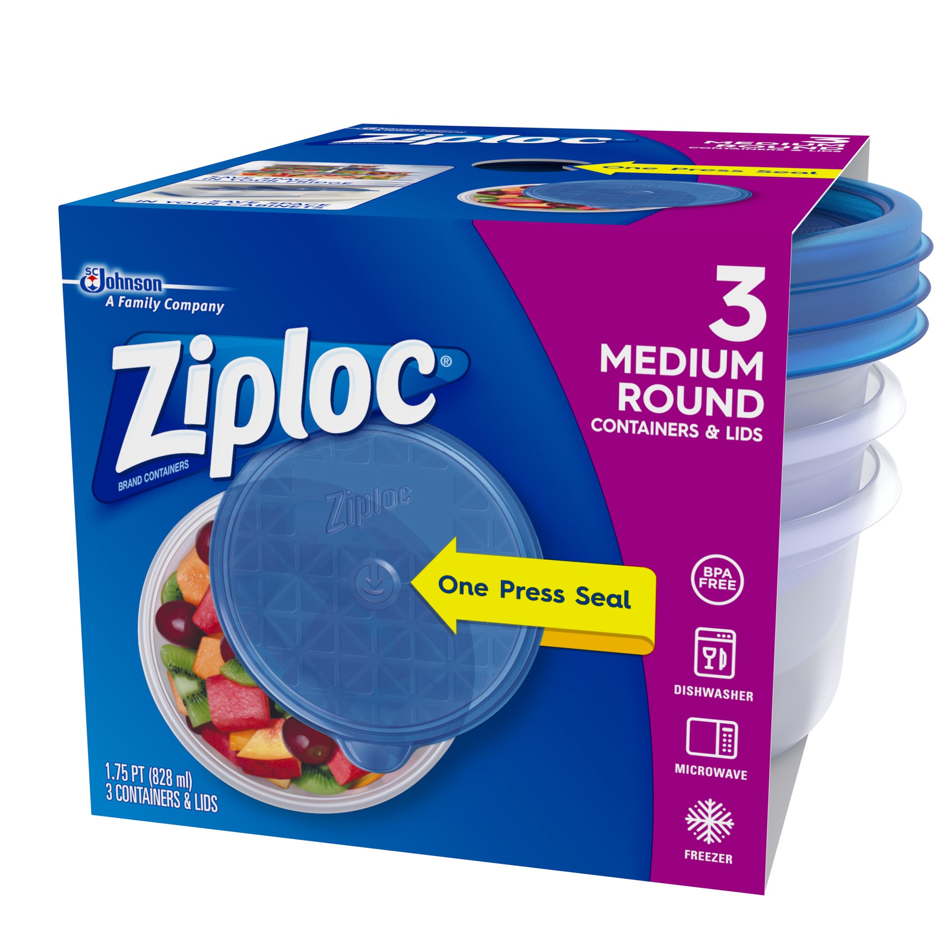 slide 3 of 5, Ziploc Brand, Food Storage Containers with Lids, One Press Seal, Medium Round, 3 ct, 3 ct