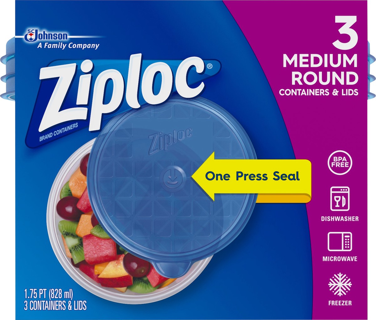 slide 1 of 5, Ziploc Brand, Food Storage Containers with Lids, One Press Seal, Medium Round, 3 ct, 3 ct