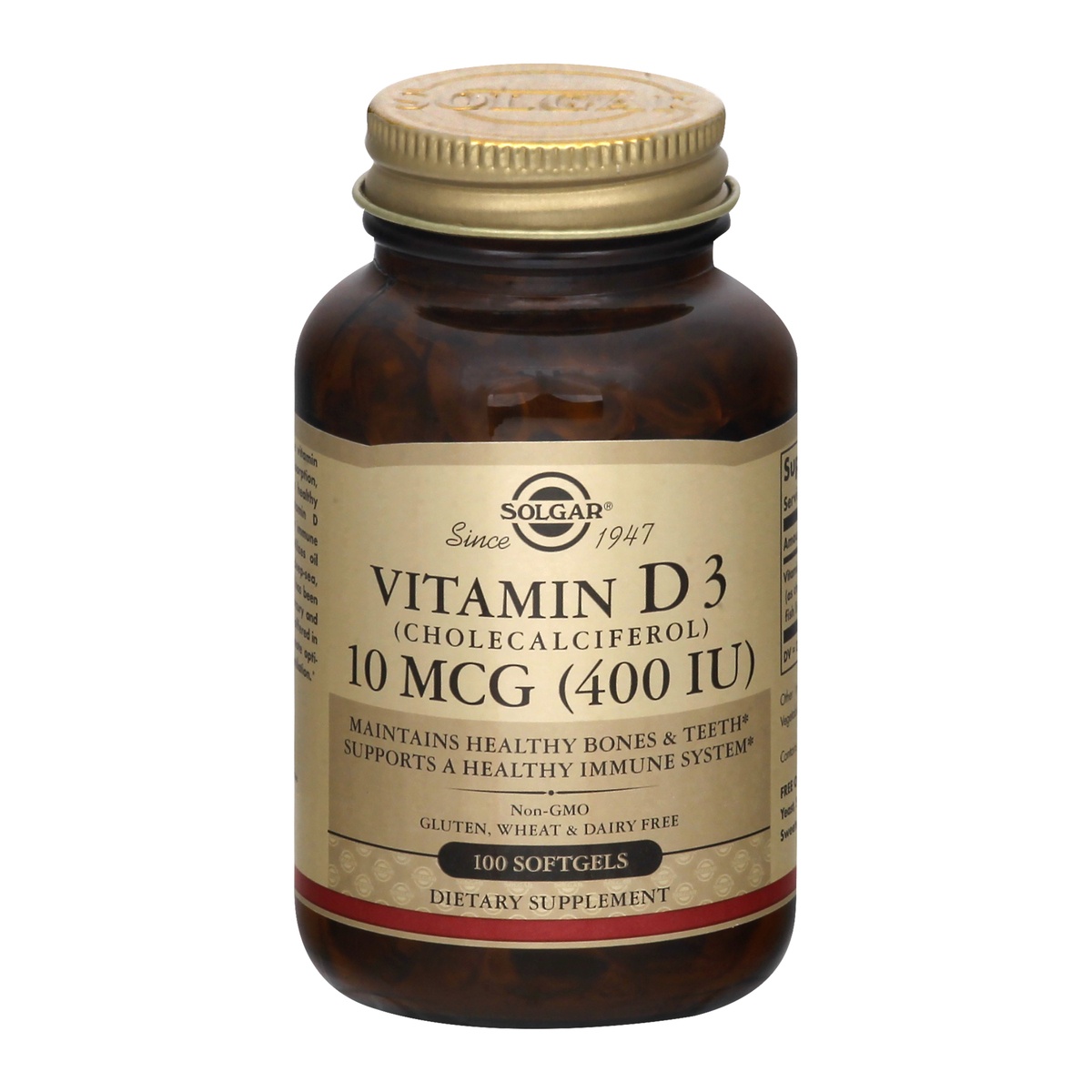 slide 1 of 1, Solgar Vitamin D3, 10 mcg, Softgels, 100 ct