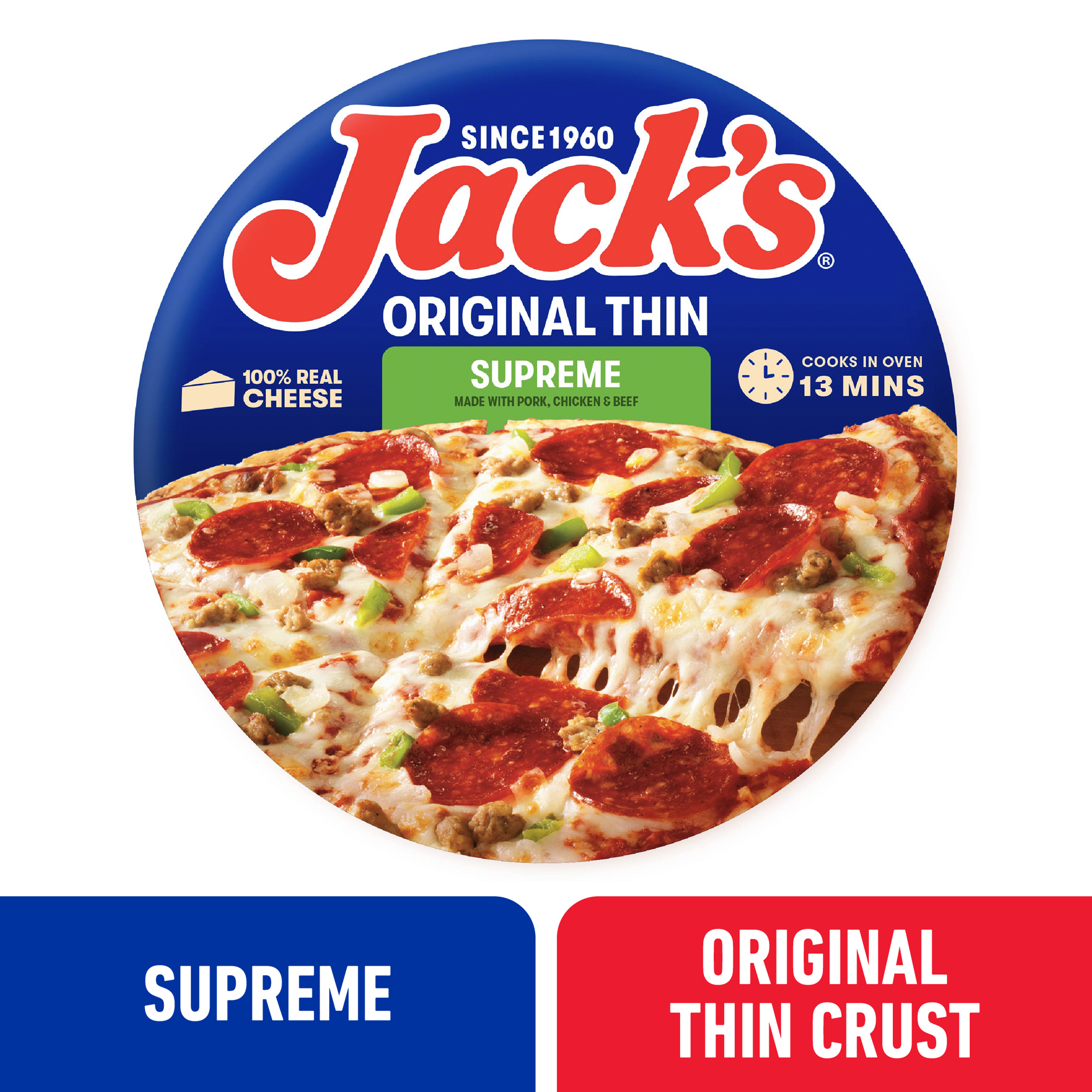 slide 1 of 7, Jack's Jack''s Frozen Pizza, Original Thin Crust Supreme Pizza, 12in, 15.8oz (Frozen), 15.8 oz