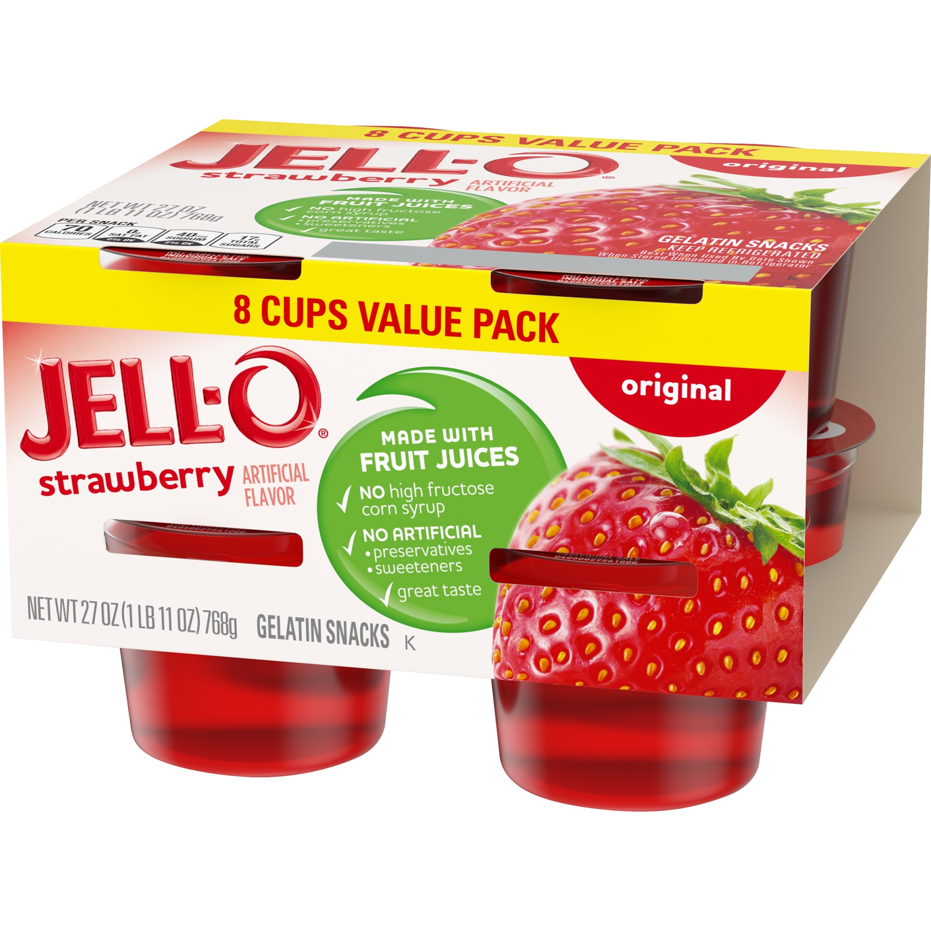 Jell-O Original Strawberry Ready-to-Eat Jello Cups Gelatin Snack Value ...