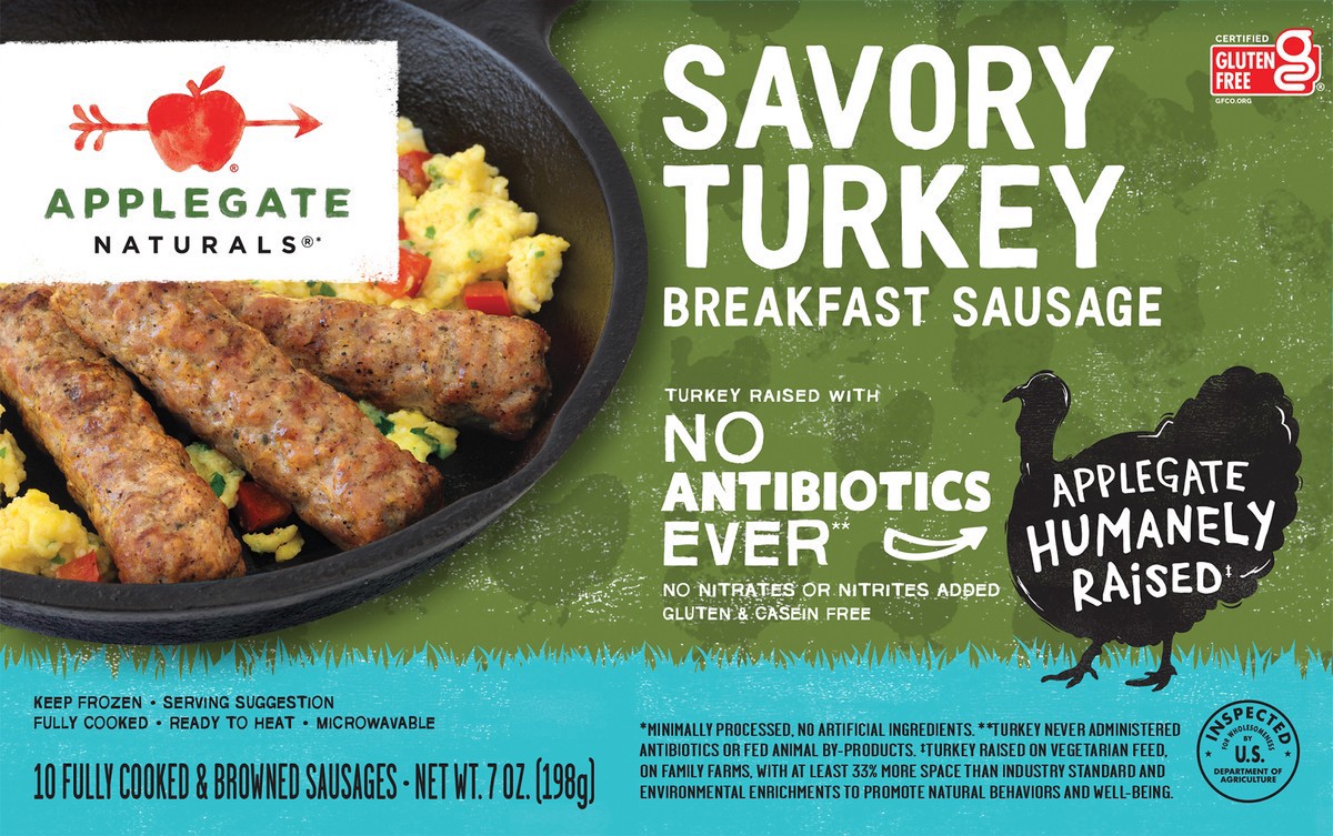 slide 4 of 8, Applegate Naturals Savory Turkey Breakfast Sausage Links, 7oz (Frozen), 10 ct