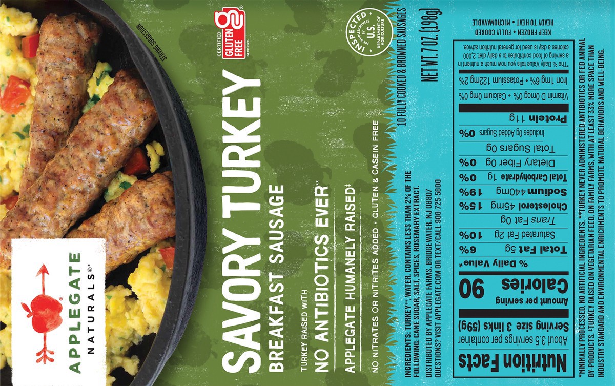 slide 7 of 8, Applegate Naturals Savory Turkey Breakfast Sausage Links, 7oz (Frozen), 10 ct