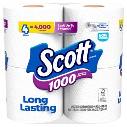 Scott 1000 Toilet Paper, 4 Rolls, Septic-Safe, 1-Ply Toilet Tissue