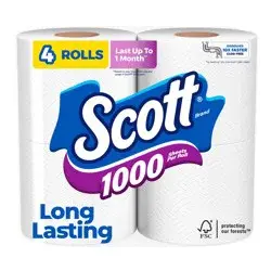 Scott 1000 Toilet Paper, 4 Rolls, Septic-Safe, 1-Ply Toilet Tissue