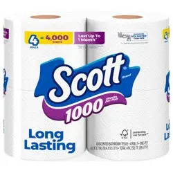 Scott 1000 Toilet Paper, 4 Rolls, Septic-Safe, 1-Ply Toilet Tissue