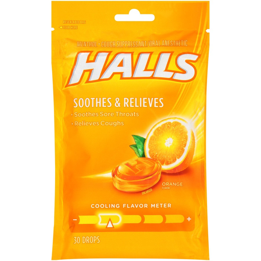 slide 1 of 5, Halls Orange Flavor Cough Suppressant/Oral Anesthetic Menthol Drops, 30 ct