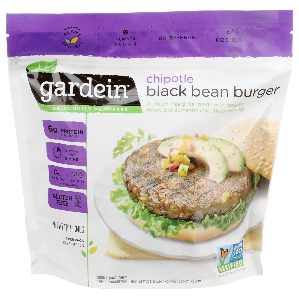 slide 1 of 5, Gardein Chipotle Black Bean Burger 12 oz, 4 ct; 12 oz