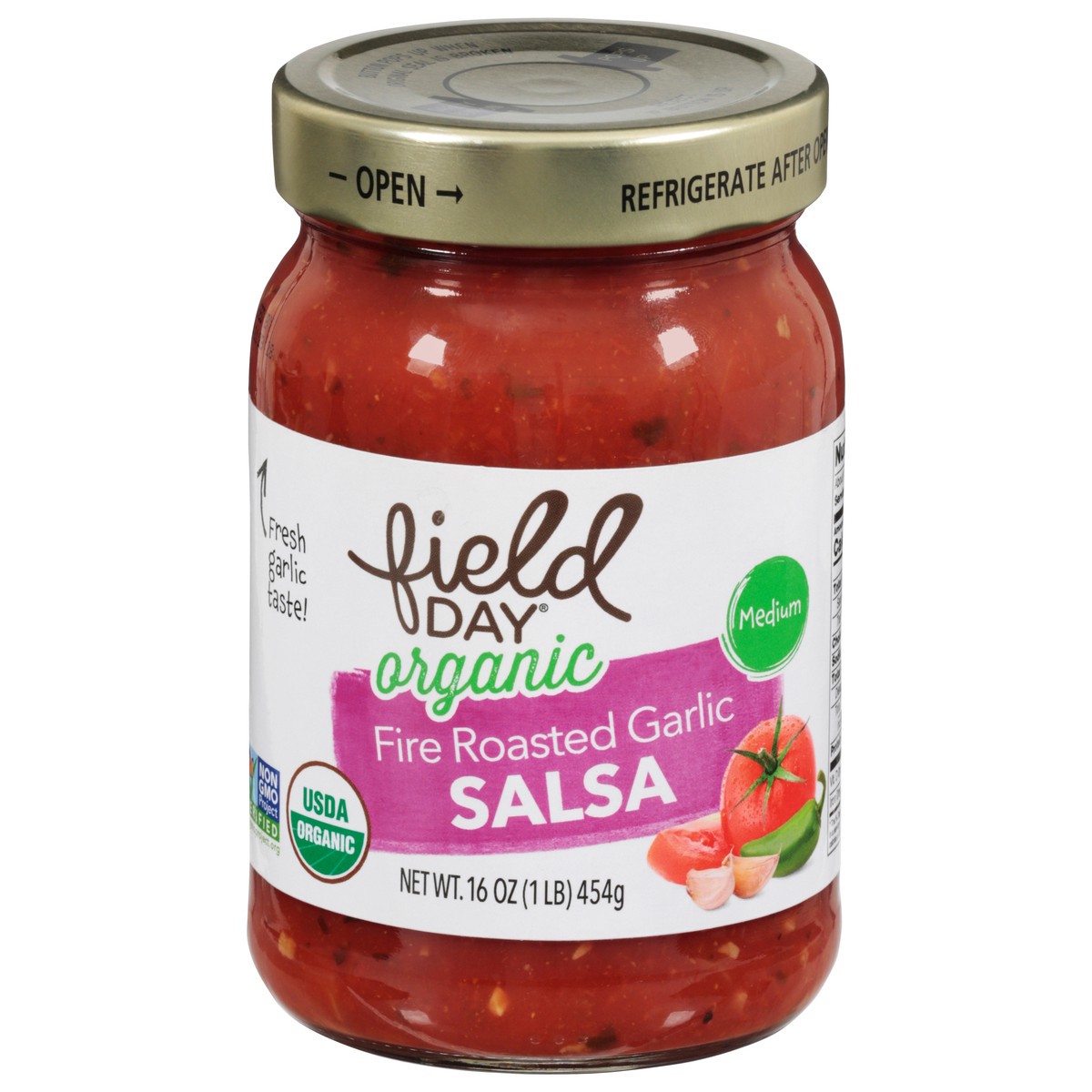 slide 1 of 13, Field Day Medium Organic Fire Roasted Garlic Salsa 16 oz, 16 oz