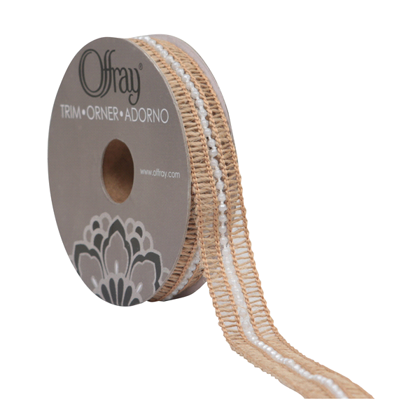 slide 1 of 1, Offray Ribbon Natural W/Pearl Center Natural, 0.875X3 Yd, 1 ct