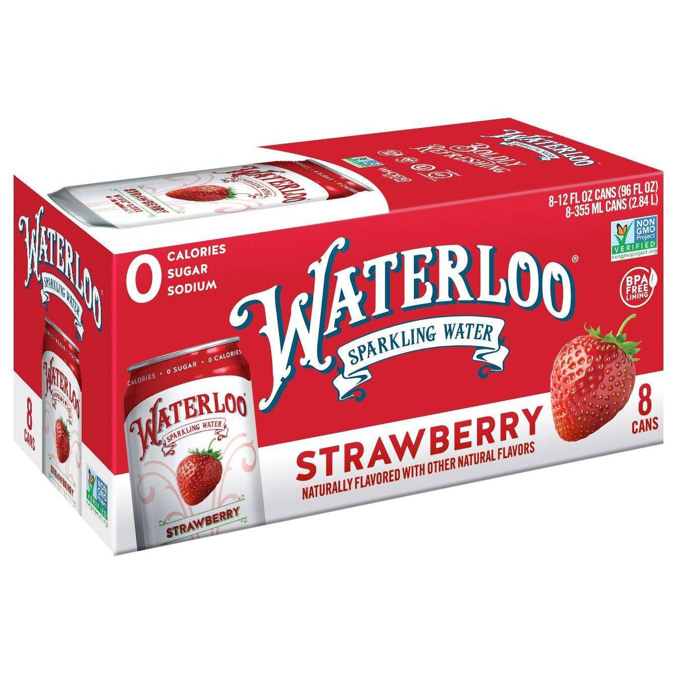 slide 1 of 2, Waterloo Strawberry Sparkling Water 8 - 12 fl oz Cans, 8 ct; 12 oz