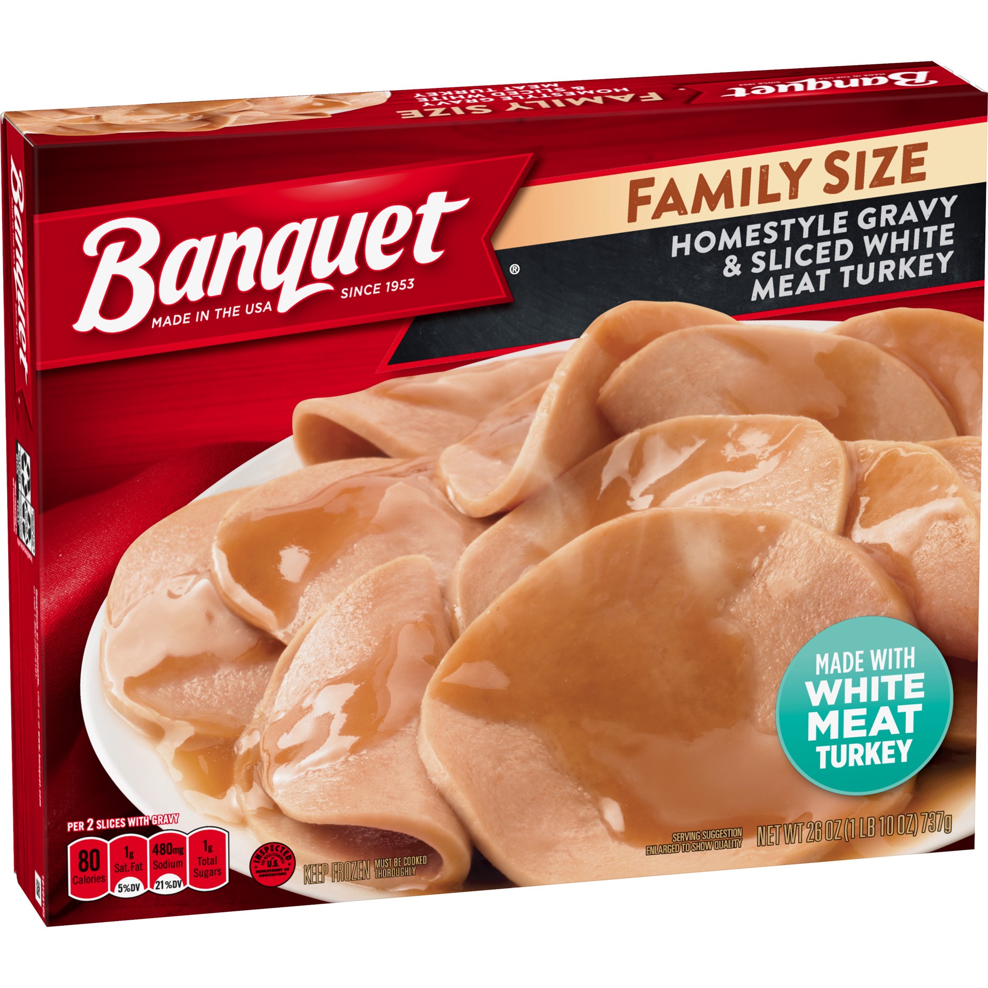 slide 4 of 5, Banquet Family Size Homestyle Gravy and Sliced White Meat Turkey, Frozen Meal, 26 OZ, 26 oz