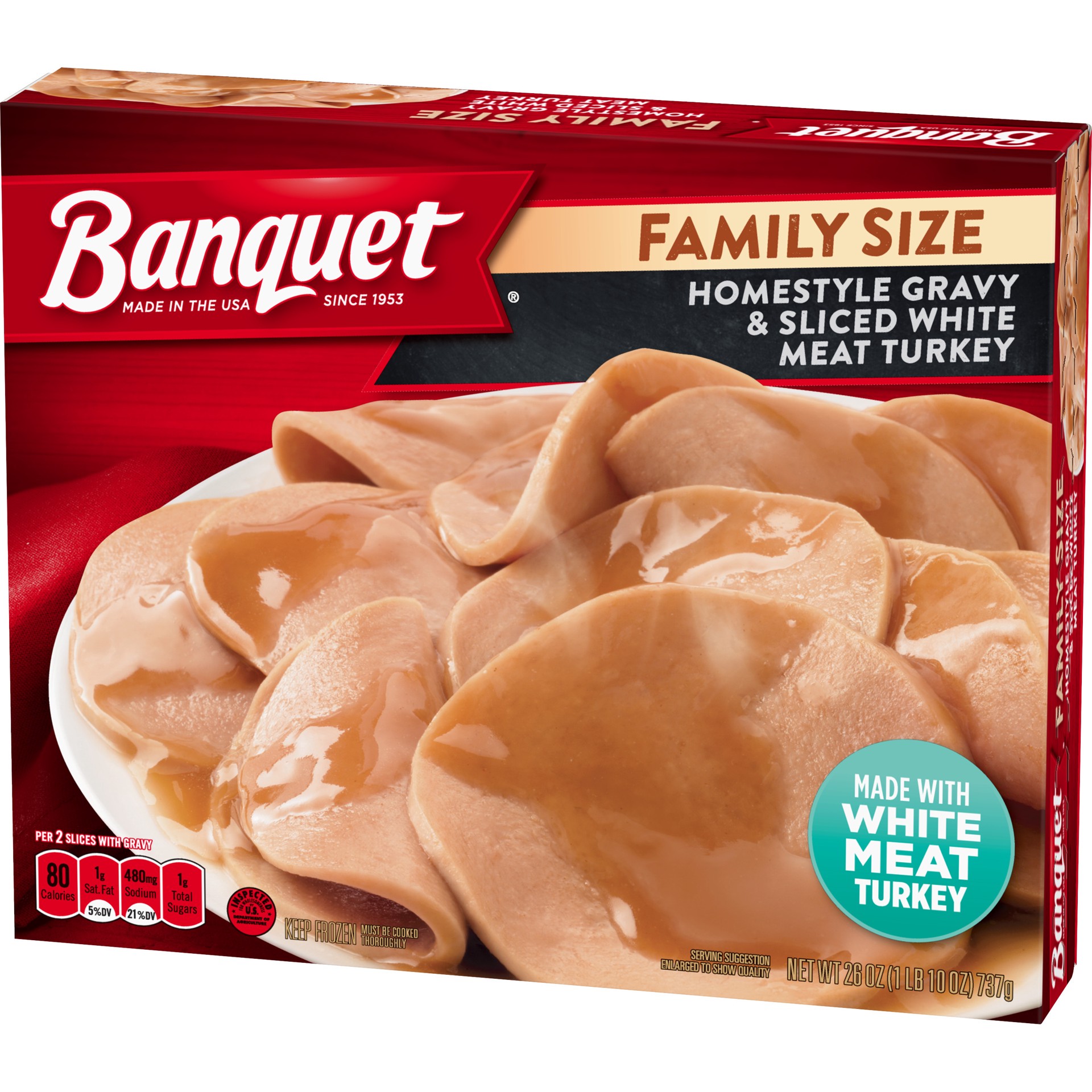 slide 5 of 5, Banquet Family Size Homestyle Gravy and Sliced White Meat Turkey, Frozen Meal, 26 OZ, 26 oz