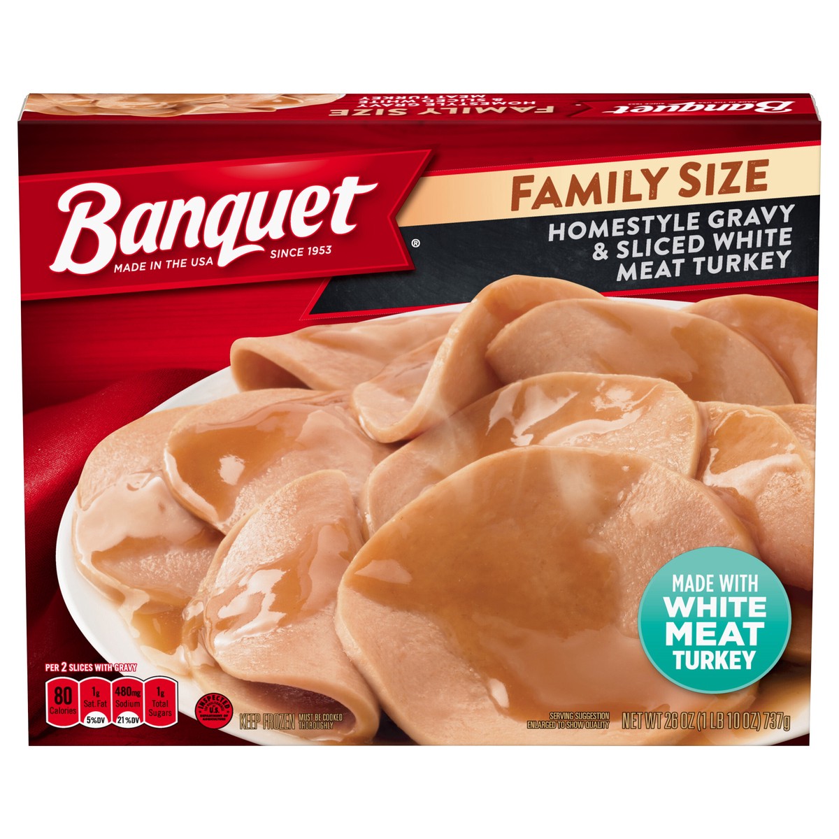 slide 1 of 5, Banquet Family Size Homestyle Gravy and Sliced White Meat Turkey, Frozen Meal, 26 OZ, 26 oz
