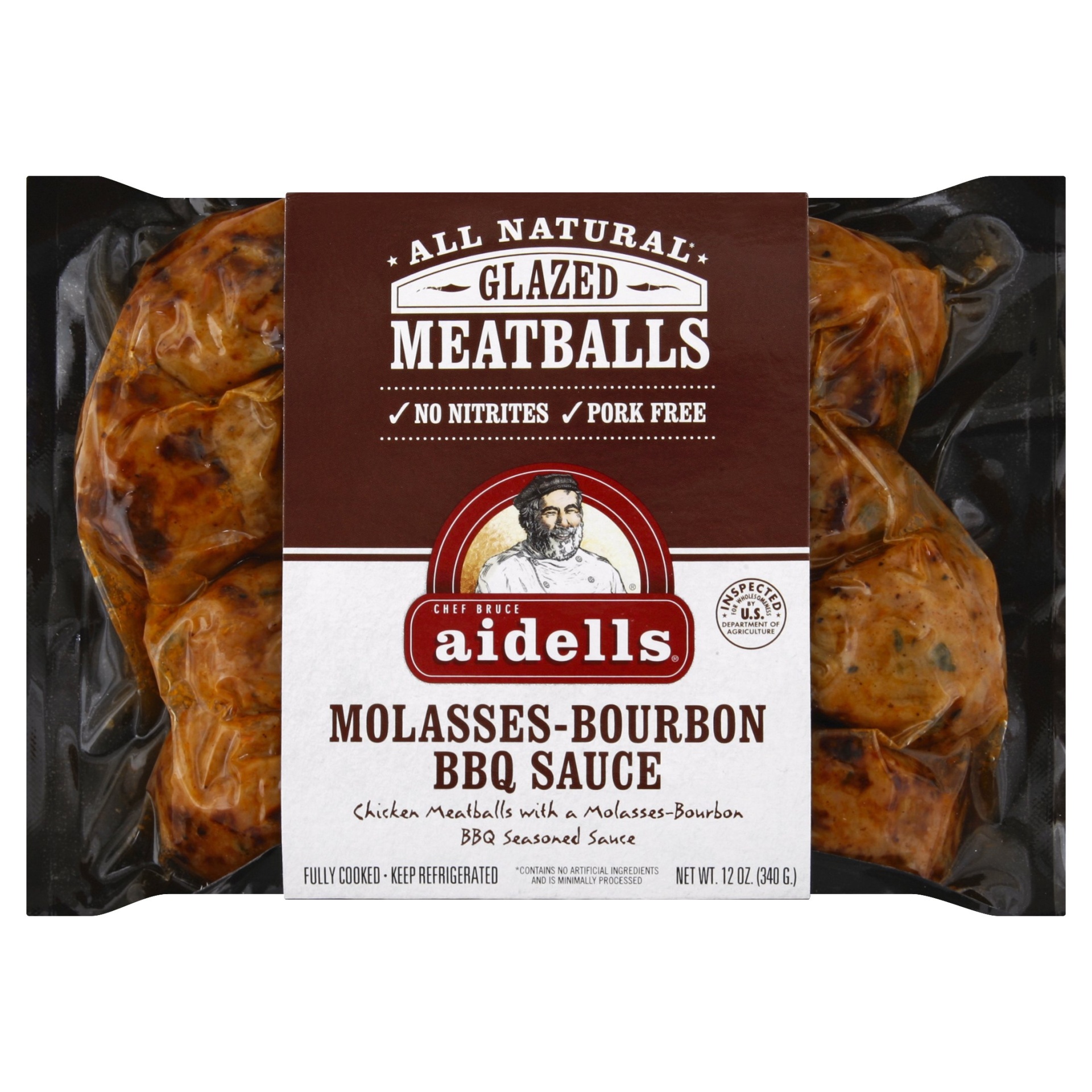 slide 1 of 1, Aidells Meatballs, Molasses-Bourbon BBQ Sauce, Glazed, 12 oz